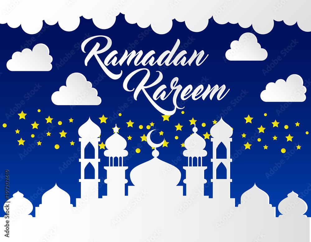 beautiful ramadan kareem background with paper art style on blue background beautiful ramadan kareem background with paper art style on blue background