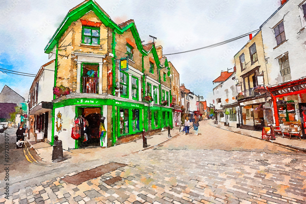 tourists in the old town of Canterbury, watercolor 