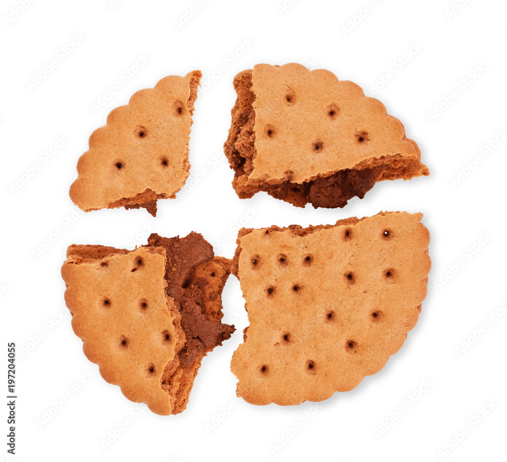 Chocolate biscuit,broken into two parts, isolated on white background Chocolate biscuit,broken into two parts, isolated on white background