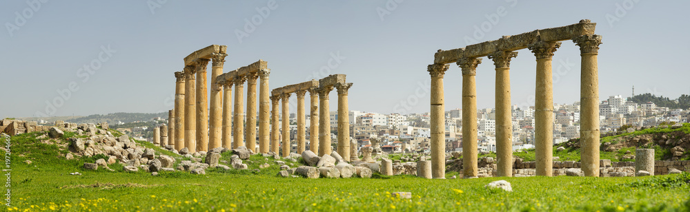 ruins of old columns on the green hill in Jordan