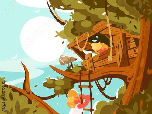 Wooden house on green tree