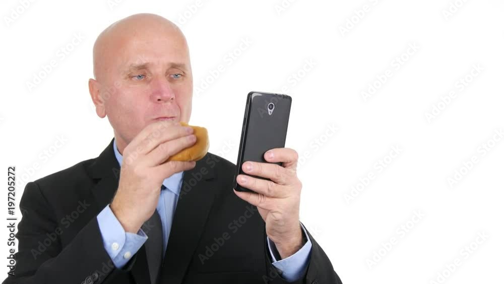 Businessman in Breakfast Pause Eat and Check Cellphone Email Box Reading News