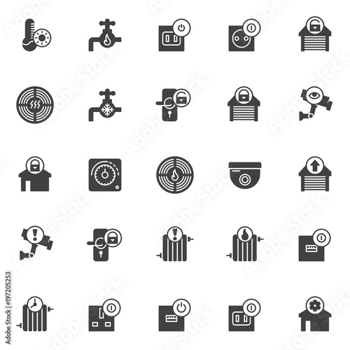 Automation elements vector icons set, modern solid symbol collection, filled style pictogram pack. Signs, logo illustration. Set includes icons as temperature hot, water tap, socket off, alarm smoke