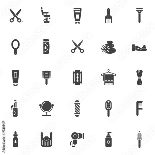 Barber accessories vector icons set, modern solid symbol collection, filled pictogram pack. Signs, logo illustration. Set includes icons as scissors, barber shop chair, hairbrush, razor, hand mirror
