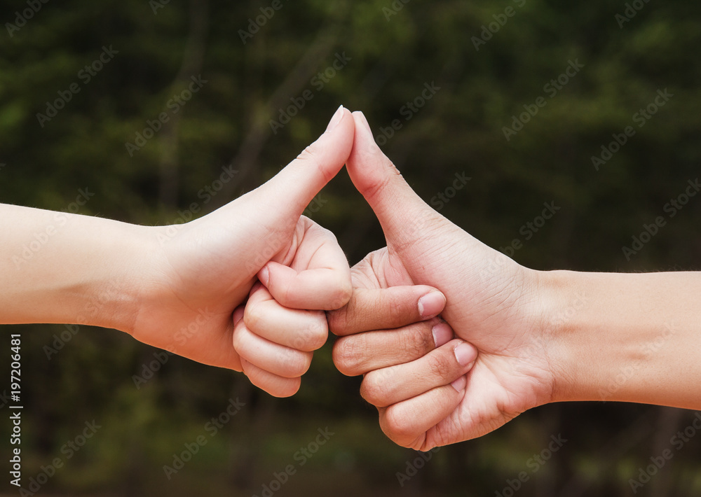 In selective focus of two human hands ,good hand,show thump up for agreement sign with success business concept,positive hand sign In selective focus of two human hands ,good hand,show thump up for agreement sign with success business concept,positive hand sign