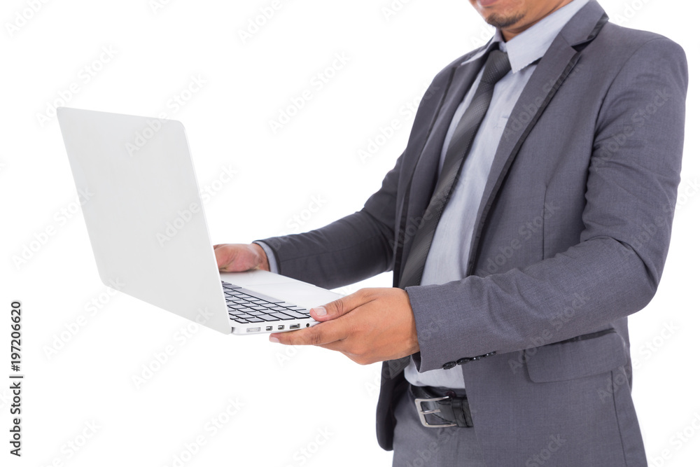 business man in suit with laptop isolated on white background business man in suit with laptop isolated on white background