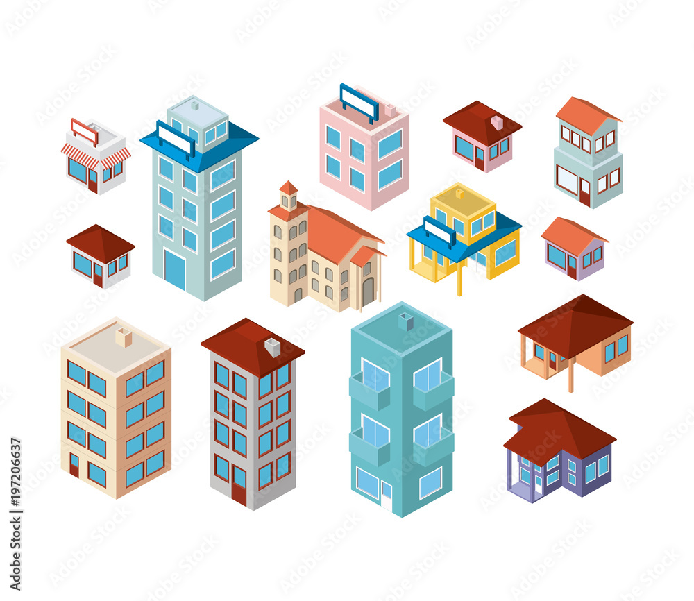 mini set buildings isometric icons vector illustration design mini set buildings isometric icons vector illustration design