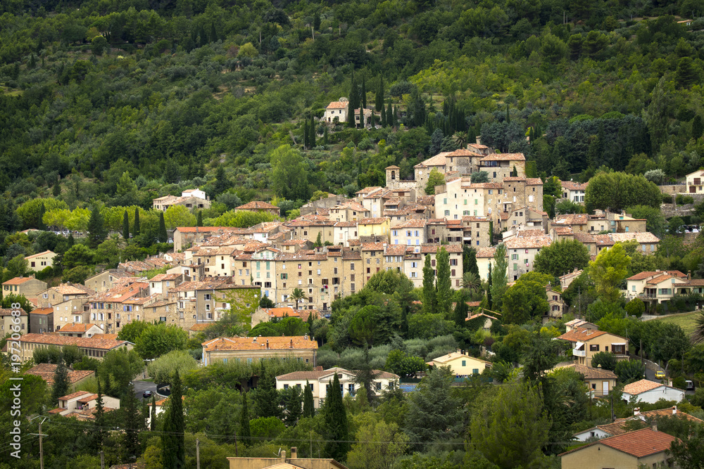 View of Seillans, a typical Provencal village on a hillside, south of France