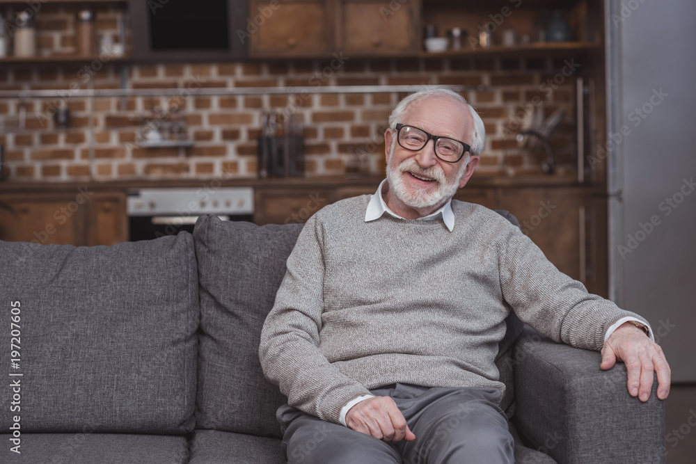 smiling handsome grey hair man sitting on sofa at home smiling handsome grey hair man sitting on sofa at home