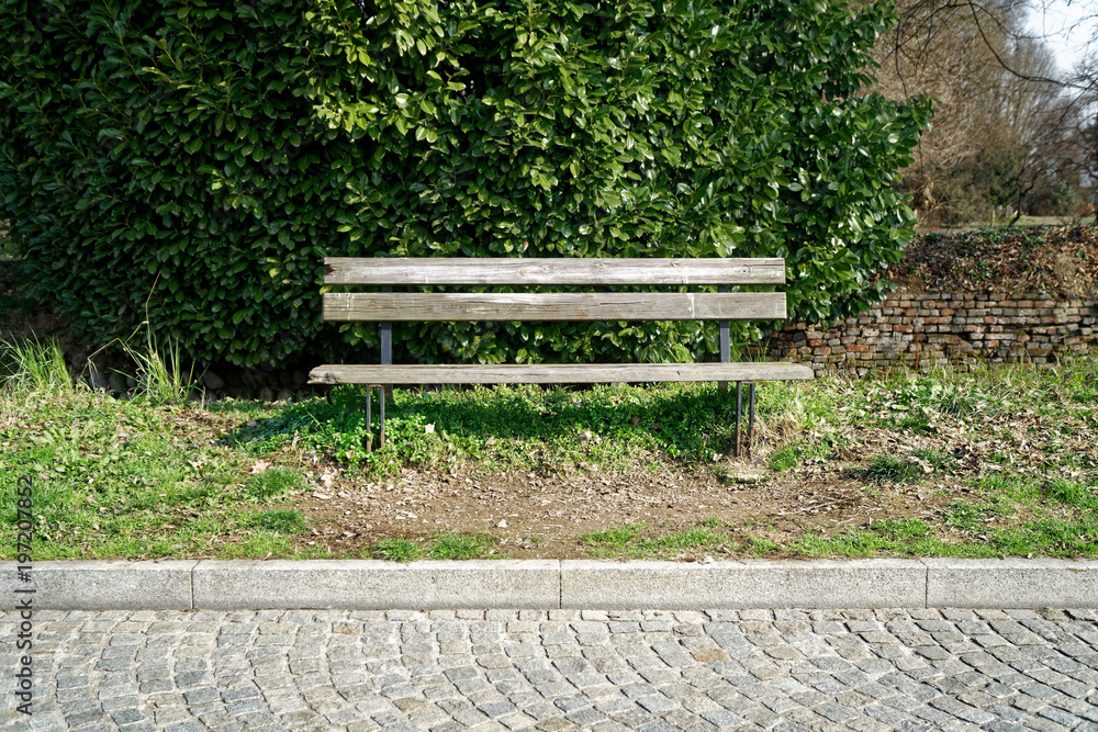One wooden bench on sunny day in Italy, public parkland One wooden bench on sunny day in Italy, public parkland