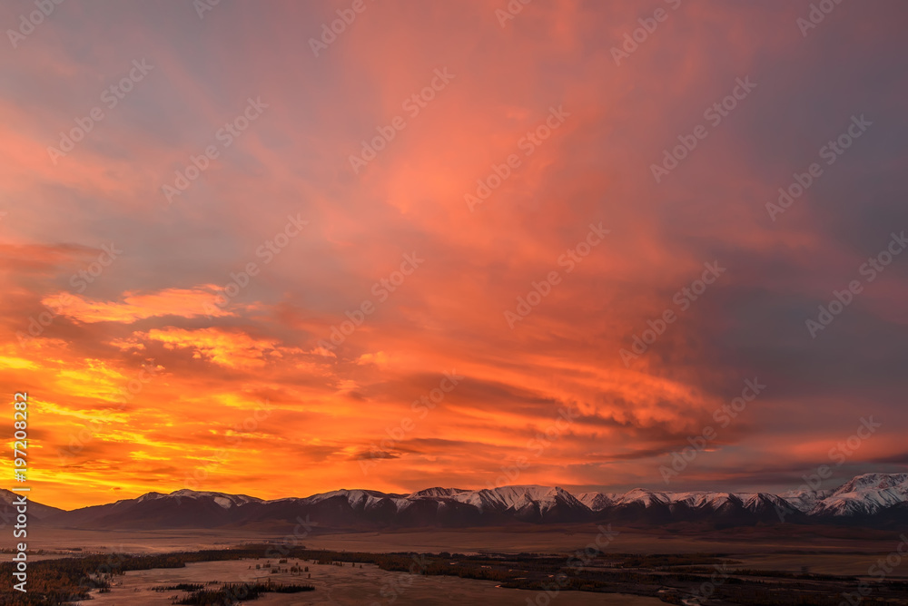 mountain sky sunset fiery clouds