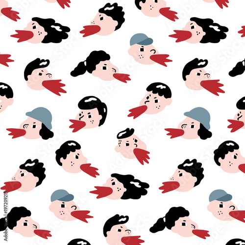 Hand drawn vector illustration of people complain pattern.
Young man and woman shout and yell. Abstract doodle wallpaper.