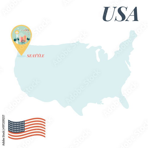 USA map with Seattle Pin Travel Concept