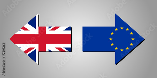 Brexit, arrows with flags of the United Kingdom and the European Union on gray background