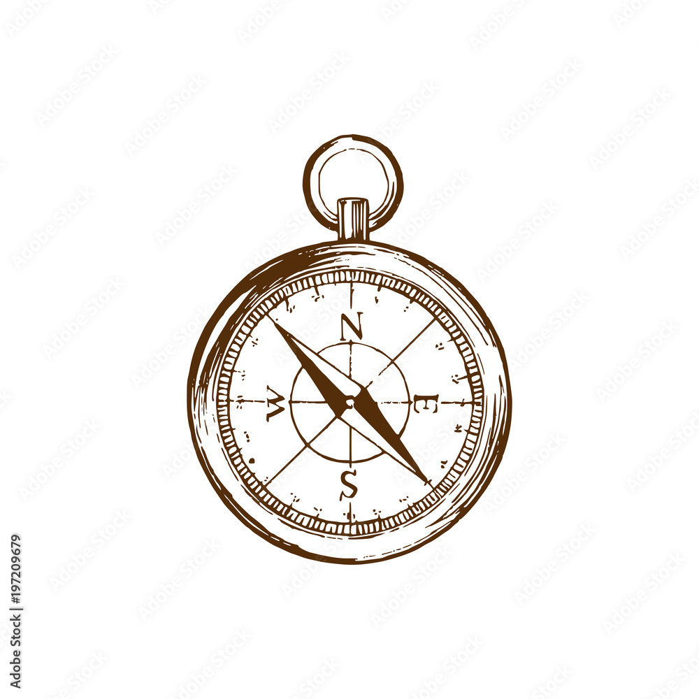 Hand drawn illustration of compass in vector. Used for travel poster, card, touristic emblem design etc. Hand drawn illustration of compass in vector. Used for travel poster, card, touristic emblem design etc.
