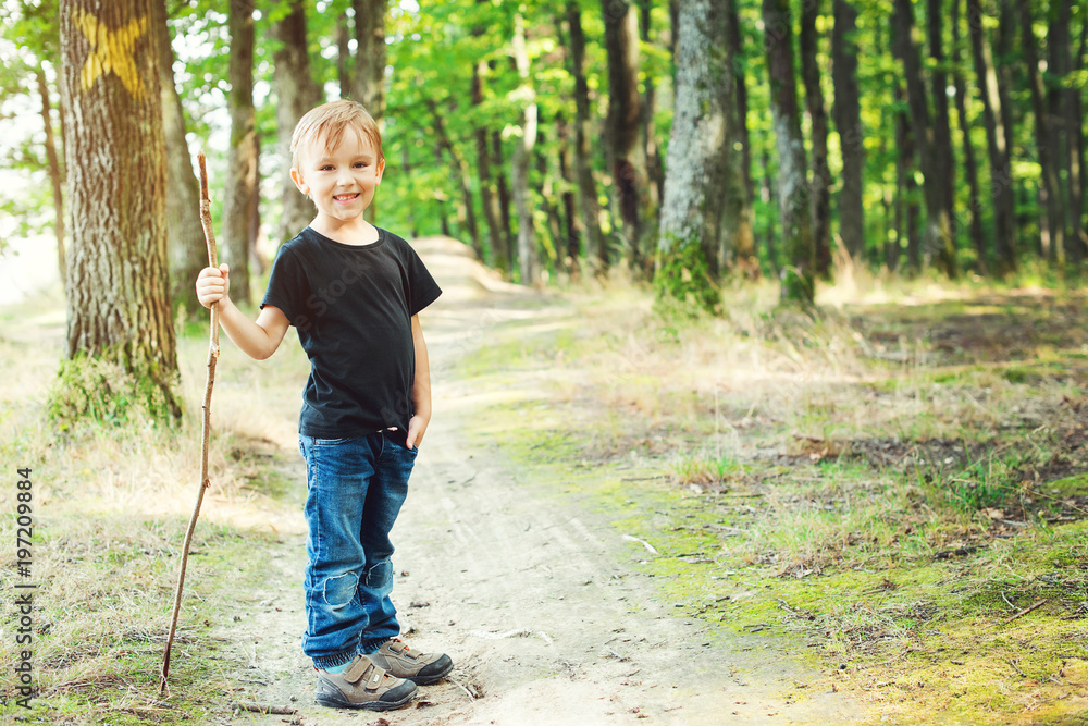 Happy little boy hiking in forest, summer holiday Happy little boy hiking in forest, summer holiday