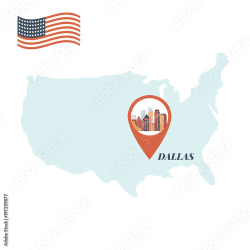 USA map with Dallas Pin Travel Concept