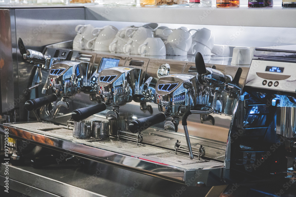 professional coffee machine in a bar close up