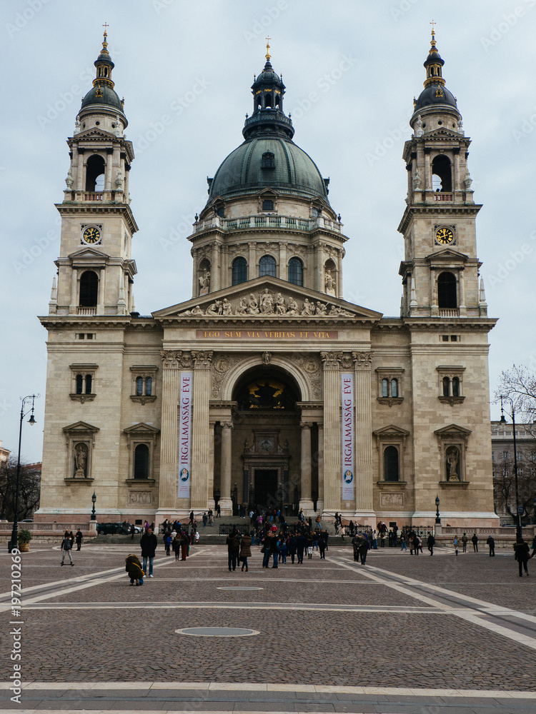 Budapest,Hunary -March 20 ,2016.Front view of Historische Kirche, St.-Stephans-Basilika in Budapest,