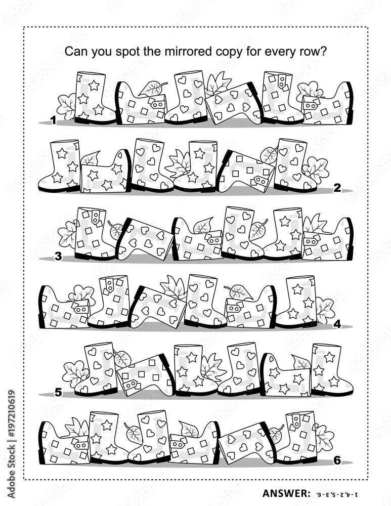 IQ training visual puzzle and coloring page with rubber boots: Try to find mirrored copy for every row. Answer included.
