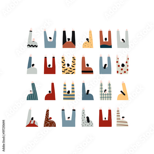Hand drawn vector illustration of back view of people portrait.People raising hands up from back.
Crowd of people.
