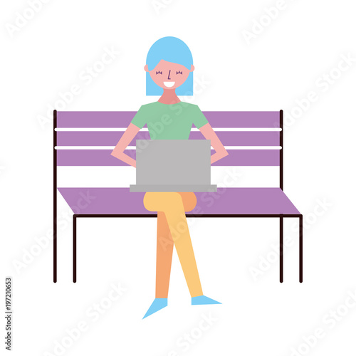 young woman sitting on bench with her laptop vector illustration