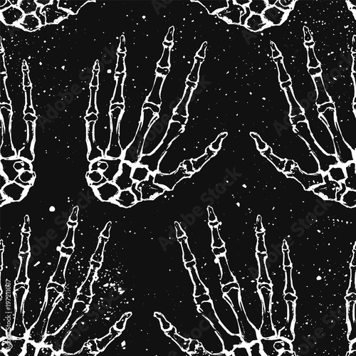 Seamless texture with human skeleton hand. Anatomical drawing. Repeating background. Tile pattern. Ornament with bones.