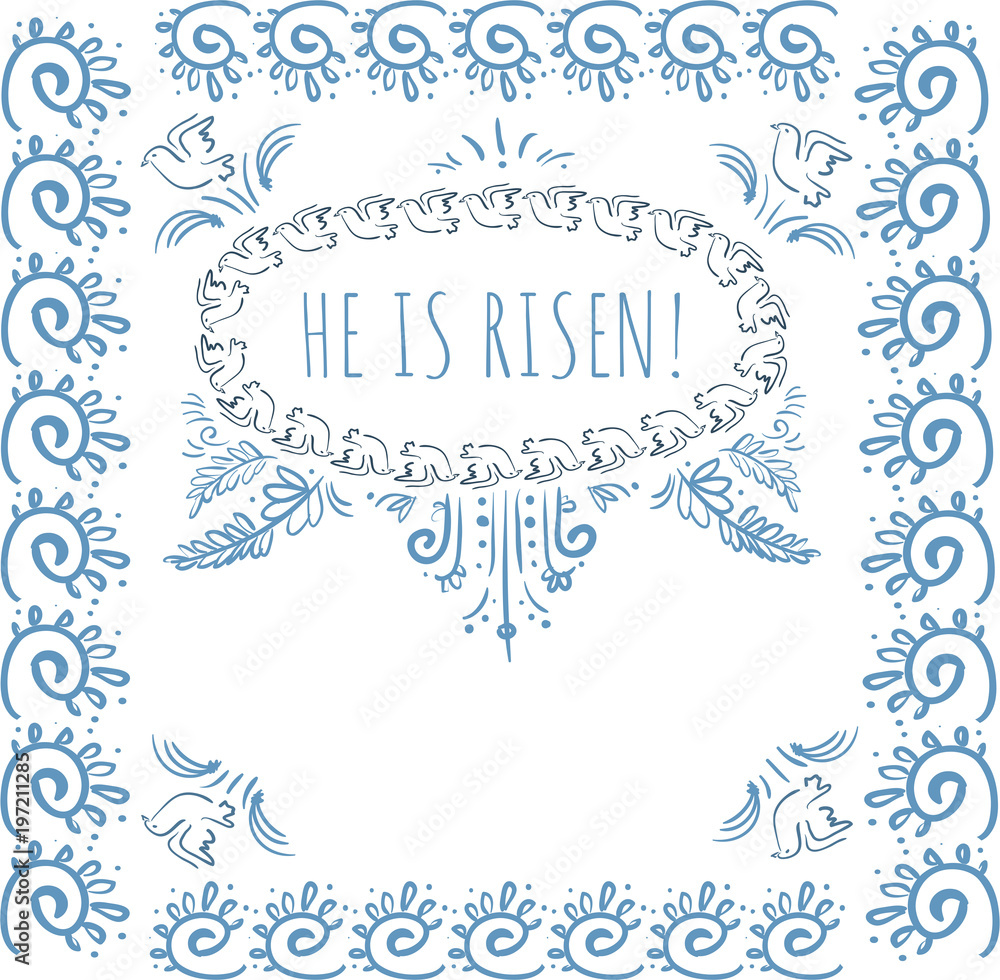 Greeting card Easter Curl and dove He is risen in decor frame