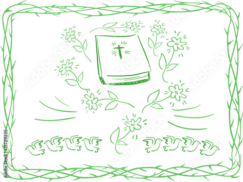 Green spring christian background - flowers, bible and holy spirit