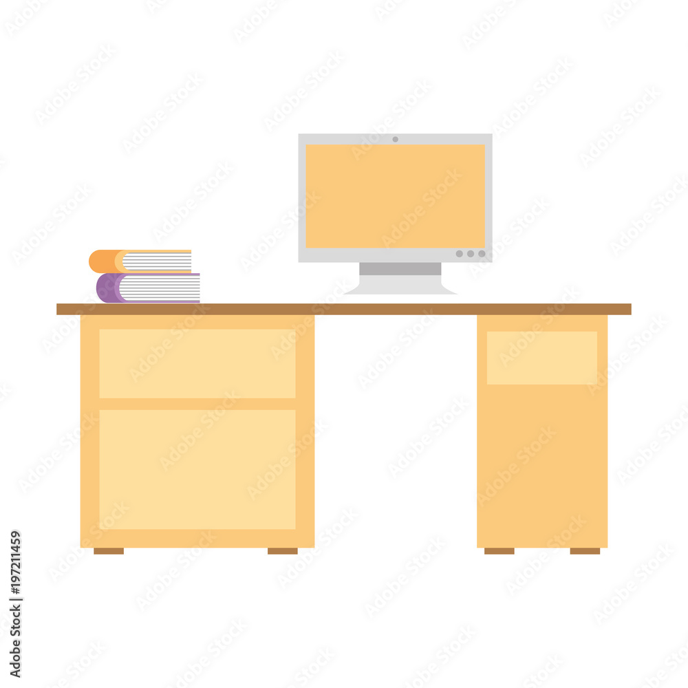 office desk with computer and stack books vector illustration