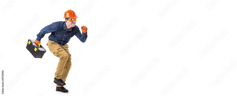 Portrait of repairman (builder) in helmet and with tool box in hands isolated on white background. Copy space Portrait of repairman (builder) in helmet and with tool box in hands isolated on white background. Copy space