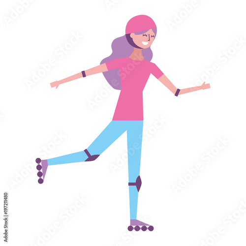 happy young woman practicing roller skate with protection vector illustration