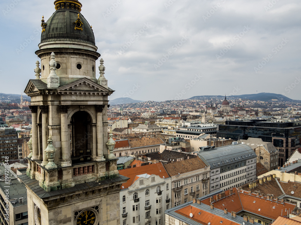Panoramic view of the city of Budapest from Historische Kirche, St.-Stephans-Basilika in Budapest,