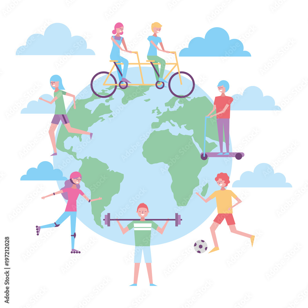 people around the world making exercise sport activity vector illustration