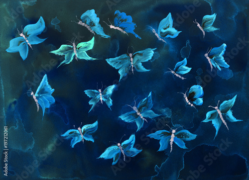 Flying blue butterflies. The dabbing technique gives a soft focus effect due to the altered surface roughness of the paper.
