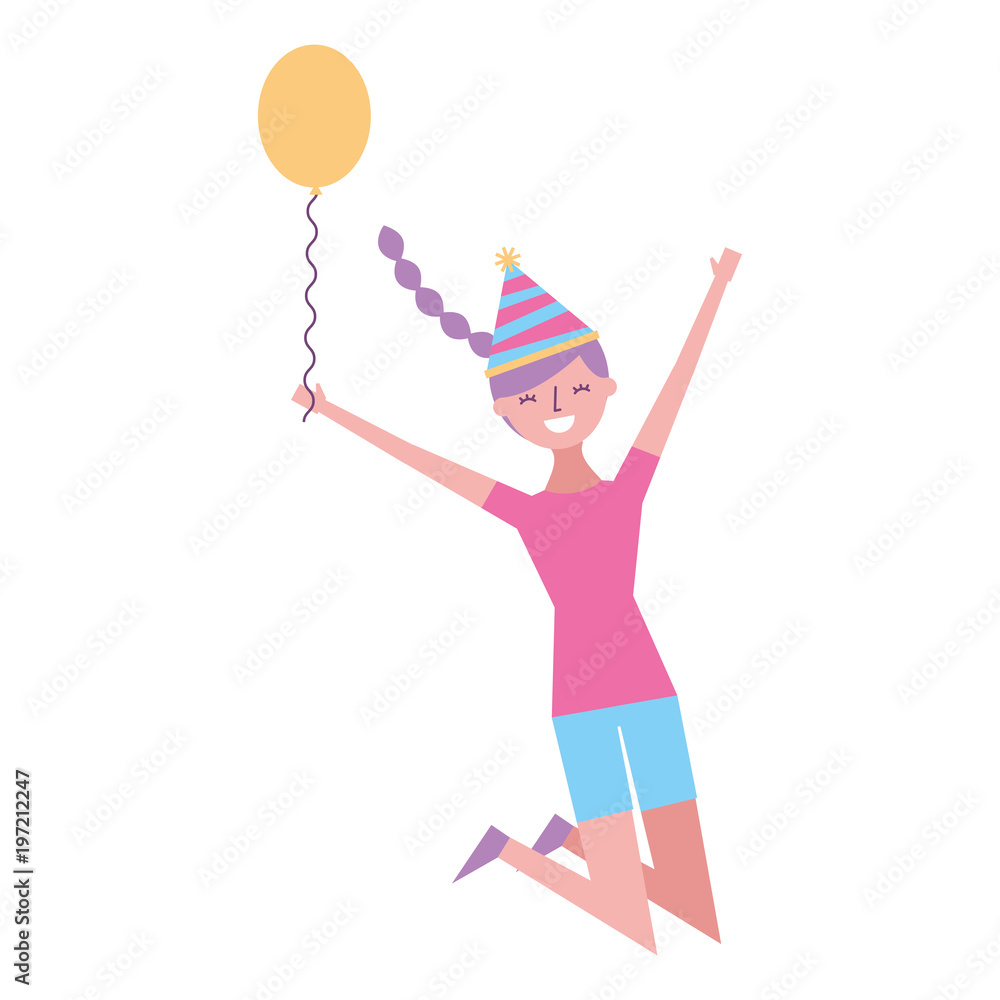 happy jumping woman with party hat holding balloon vector illustration