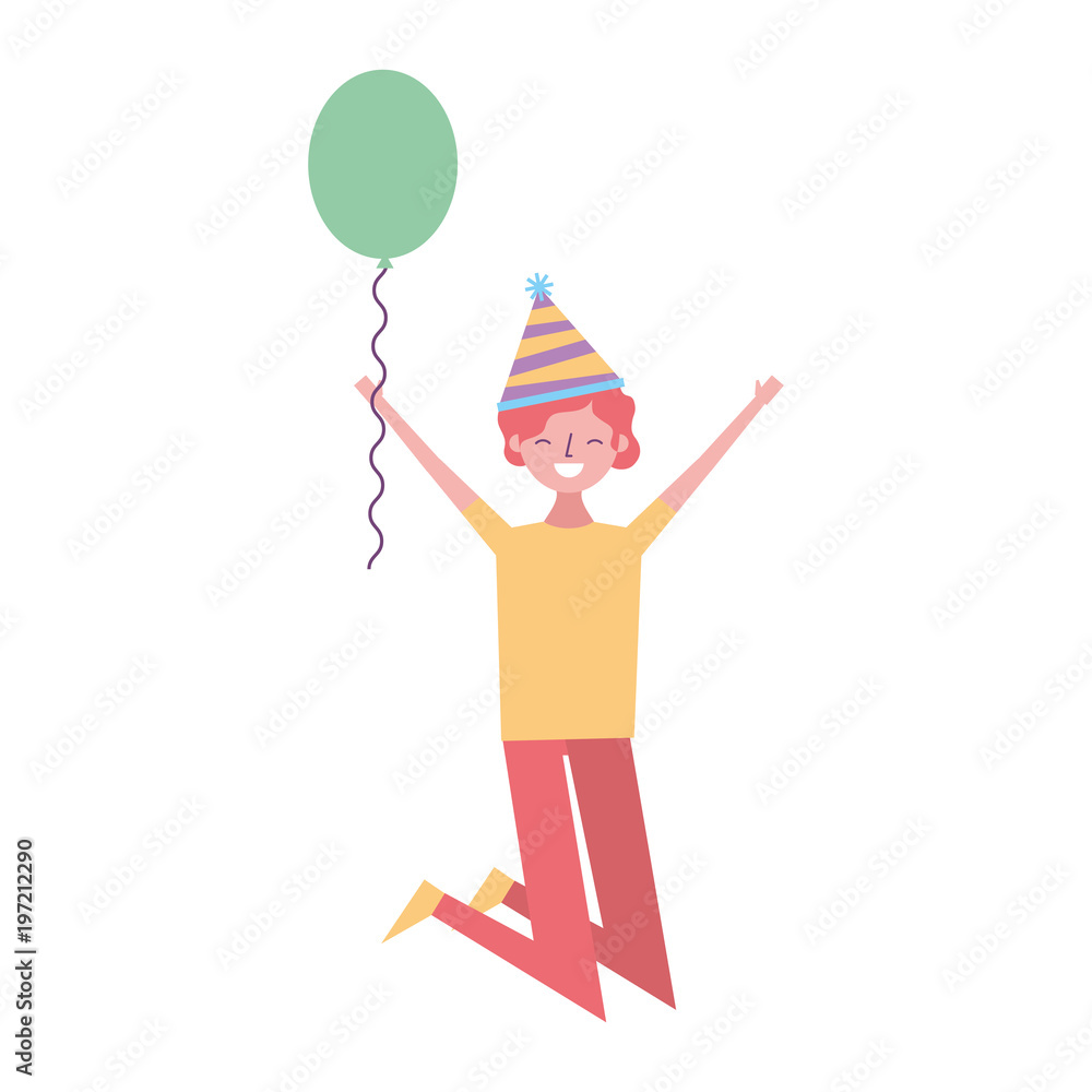 jumping young man party hat and balloon celebration vector illustration jumping young man party hat and balloon celebration vector illustration
