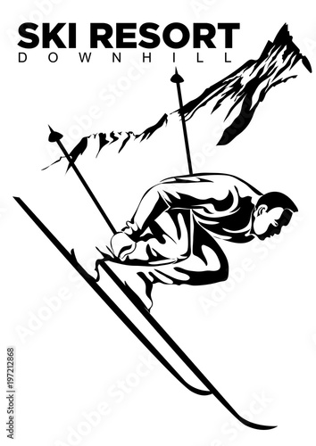 Ski resort poster with black and white character.