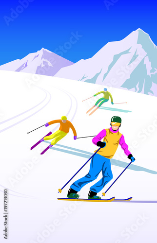 Ski recreation cartoon style poster design. Vector illustration.