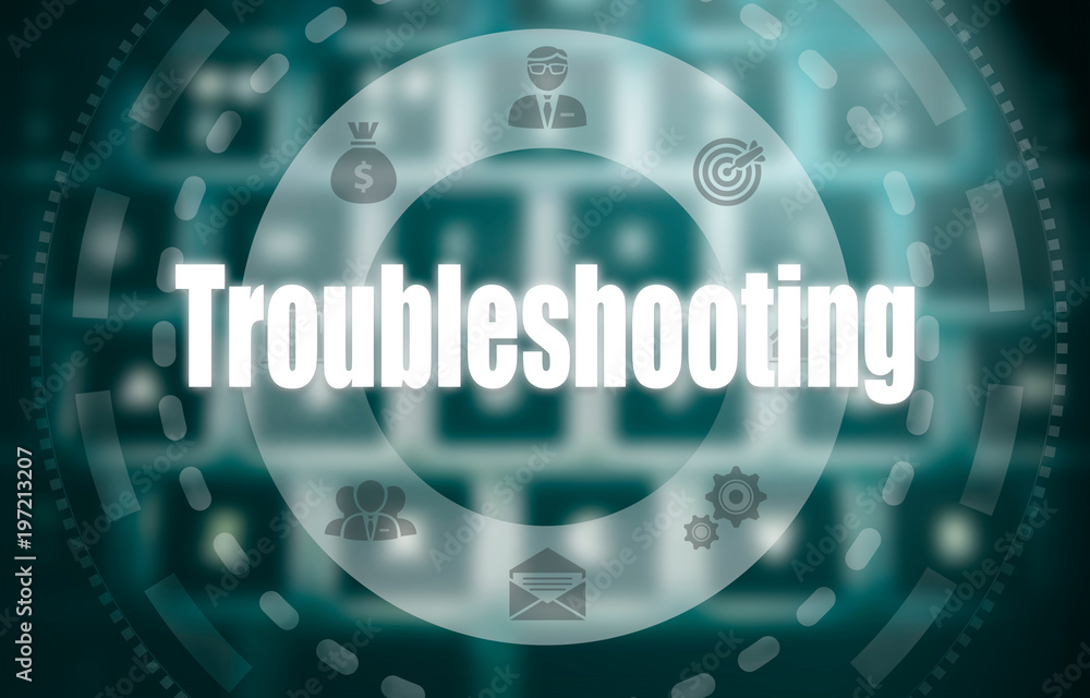 A Troubleshooting concept on a futuristic computer display over a blured image of a keyboard. A Troubleshooting concept on a futuristic computer display over a blured image of a keyboard.