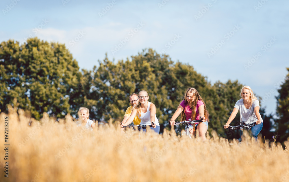 Obraz premium Familie fährt Fahrrad im Sommer an einem Getreidefeld