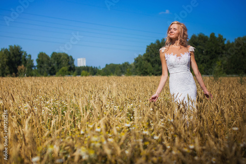 Beautiful, slender bride, with blond hair, in a wedding dress posing on the background of the field with wheat. Sunny day and blue sky.