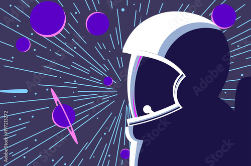 Astronaut in open space with stars and planets on background. Vector illustration.