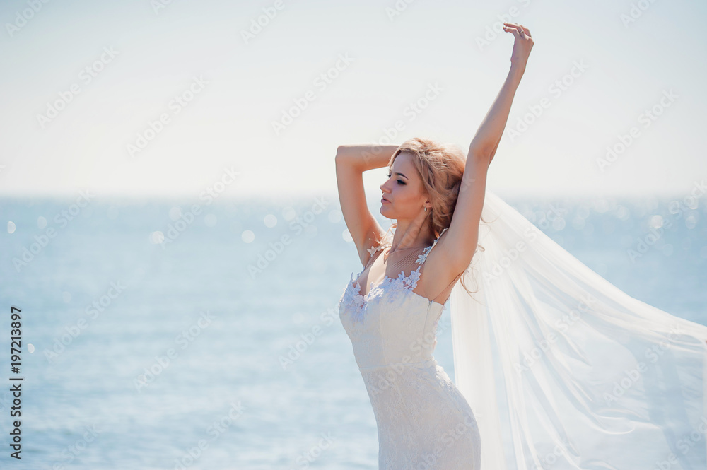 Beautiful, slender bride in a silhouette wedding dress posing on the stone beach on a Sunny day. Blue sky, bright sun. Beautiful, slender bride in a silhouette wedding dress posing on the stone beach on a Sunny day. Blue sky, bright sun.
