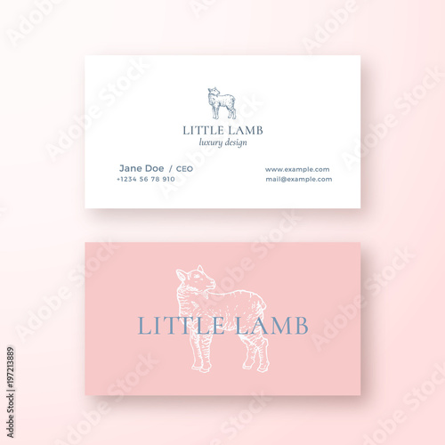 Little Lamb Abstract Feminine Vector Sign or Logo and Business Card Template. Premium Stationary Realistic Mock Up. Modern Typography and Soft Shadows.