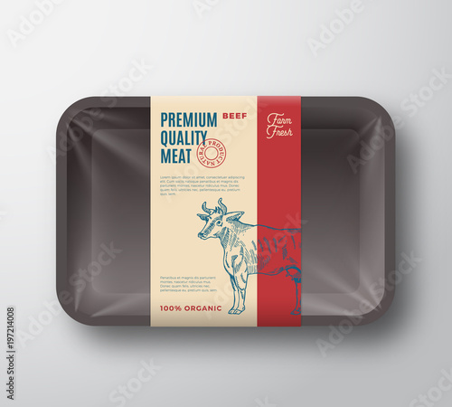 Premium Quality Beef Pack. Abstract Vector Meat Plastic Tray Container with Cellophane Cover. Packaging Design Label. Modern Typography and Hand Drawn Cow Silhouette Background Layout.