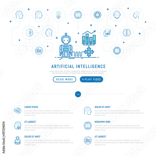 Artificial intelligence helps to increase profit with thin line icons: robot, brain, machine learning, marketing analytics, cpu, chip, voice assistant. Modern vector illustration, web page template.