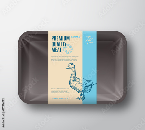 Premium Quality Goose Pack. Abstract Vector Poultry Plastic Tray Container with Cellophane Cover. Packaging Design Label. Modern Typography and Hand Drawn Goose Silhouette Background Layout.
