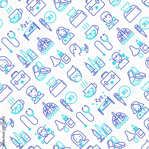 Flu and symptoms seamless pattern with thin line icons: temperature, chills, heat, runny nose, bed rest, doctor with stethoscope, nasal drops, cough, phlegm in the lungs. Modern vector illustration.