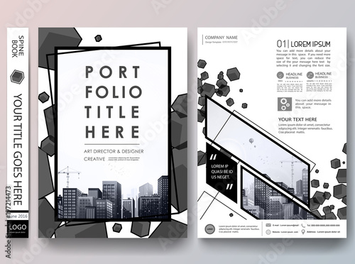 Portfolio design template vector.Minimal brochure report business flyers magazine poster.Abstract black box square on cover book presentation.City concept on A4 size layout.